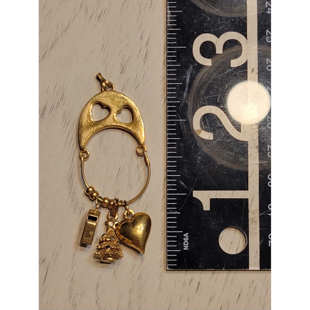 Vtg MONET Gold-tone Charm Holder Pendant w Heart, Christmas Tree And Whistle - Picture 4 of 8